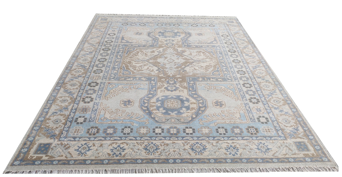 Traditional Oushak Medallion Hand-Knotted Rug in Soft Blue & Beige