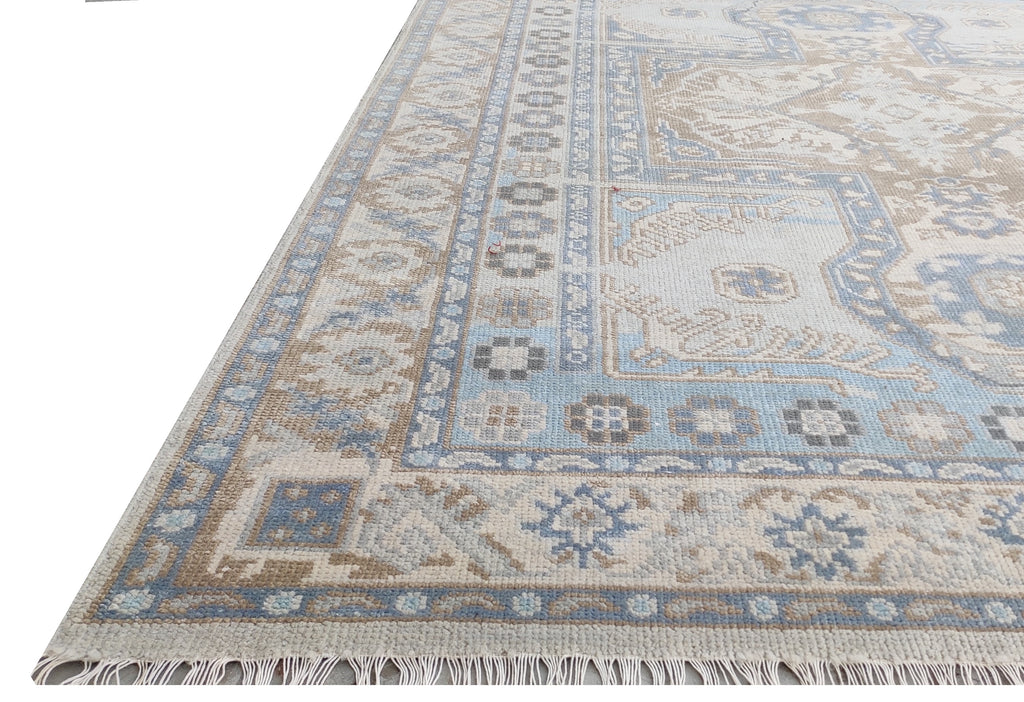 Traditional Oushak Medallion Hand-Knotted Rug in Soft Blue & Beige