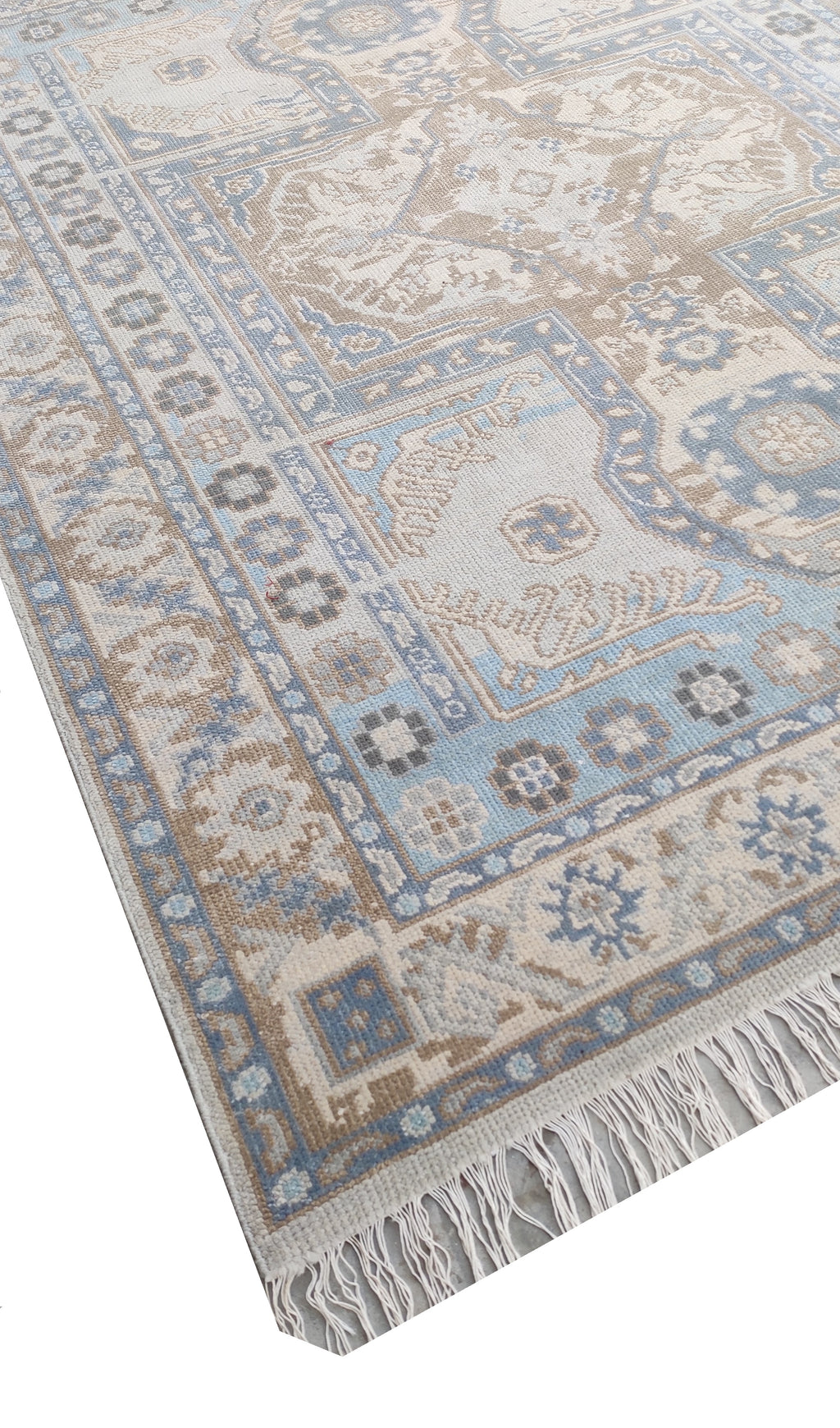 Traditional Oushak Medallion Hand-Knotted Rug in Soft Blue & Beige