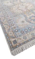Traditional Oushak Medallion Hand-Knotted Rug in Soft Blue & Beige