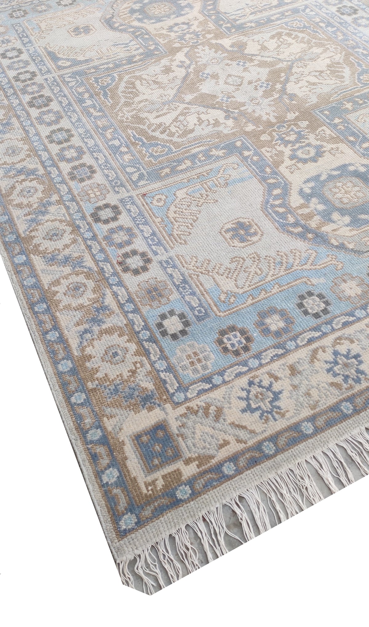Traditional Oushak Medallion Hand-Knotted Rug in Soft Blue & Beige