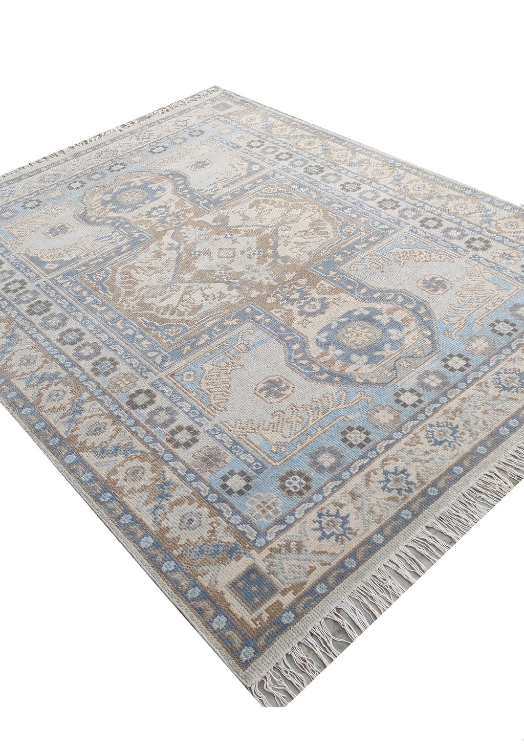 Traditional Oushak Medallion Hand-Knotted Rug in Soft Blue & Beige