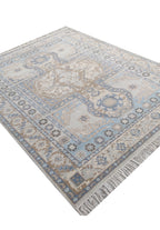 Traditional Oushak Medallion Hand-Knotted Rug in Soft Blue & Beige