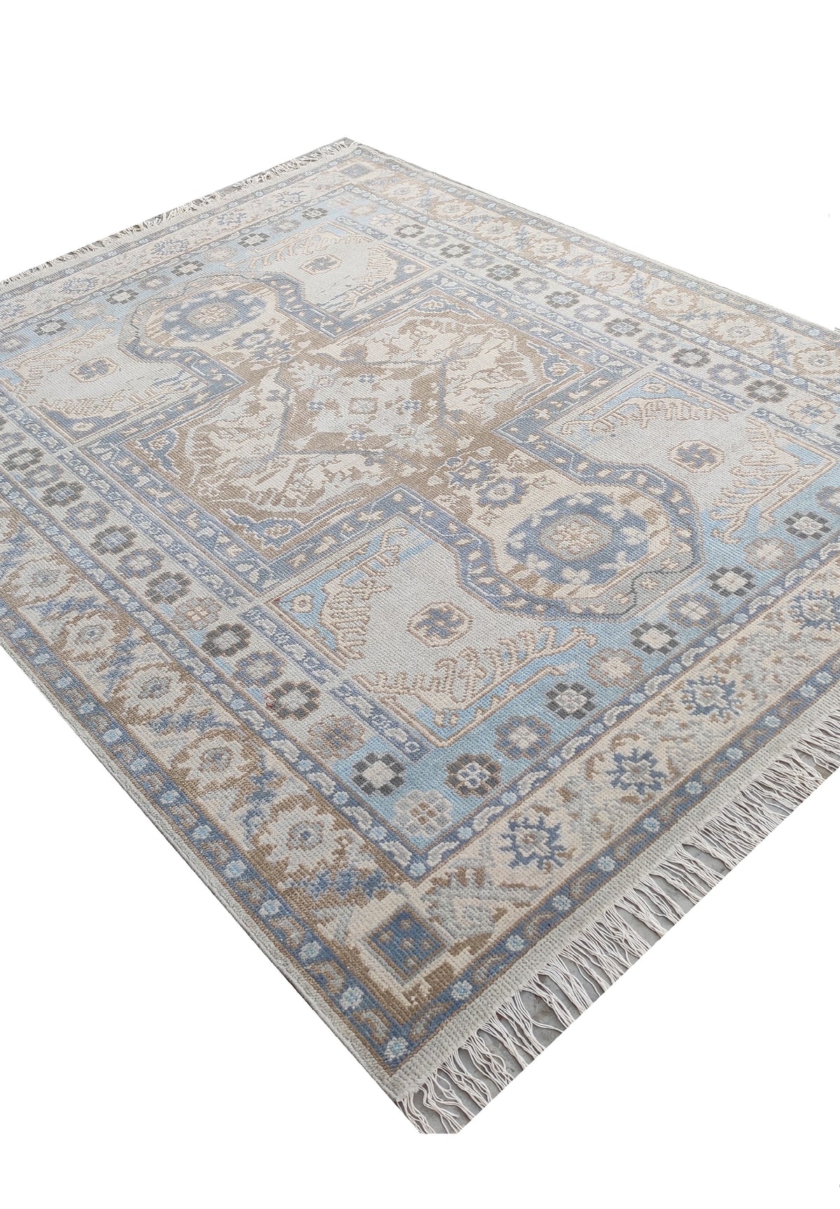 Traditional Oushak Medallion Hand-Knotted Rug in Soft Blue & Beige