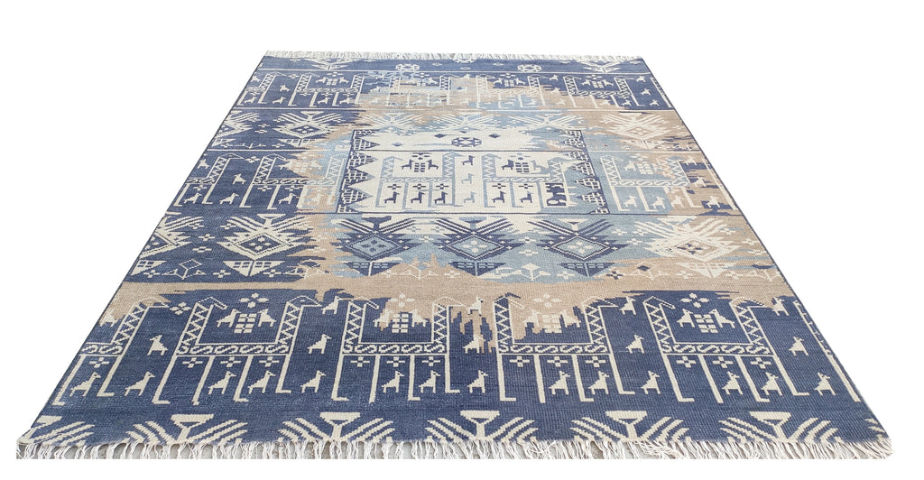 Southwestern Pictorial Hand-Knotted Wool Rug | Indigo Blue, Slate & Beige