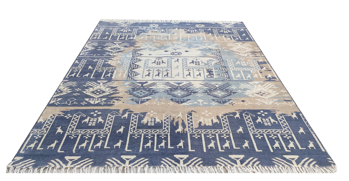 Southwestern Pictorial Hand-Knotted Wool Rug | Indigo Blue, Slate & Beige
