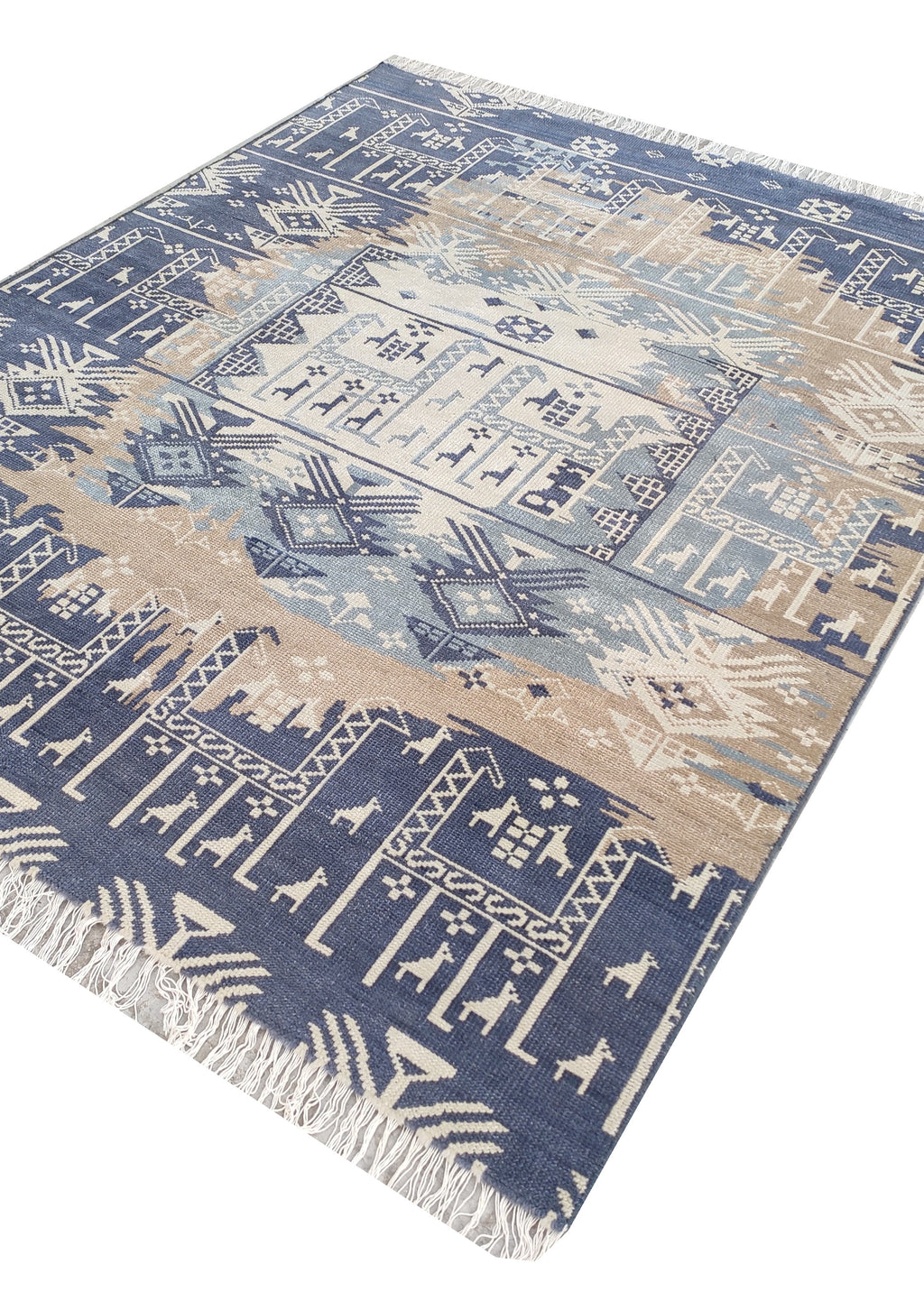 Southwestern Pictorial Hand-Knotted Wool Rug | Indigo Blue, Slate & Beige