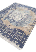 Southwestern Pictorial Hand-Knotted Wool Rug | Indigo Blue, Slate & Beige