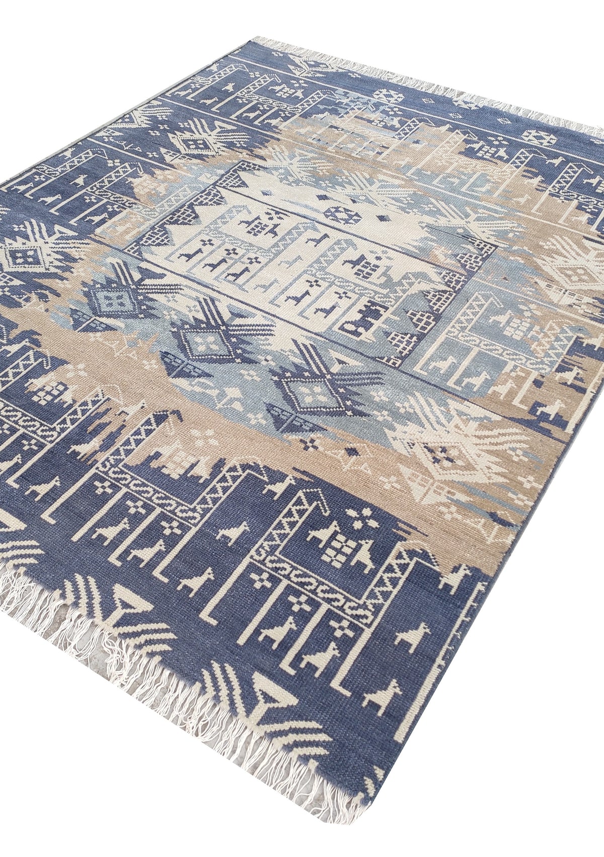 Southwestern Pictorial Hand-Knotted Wool Rug | Indigo Blue, Slate & Beige