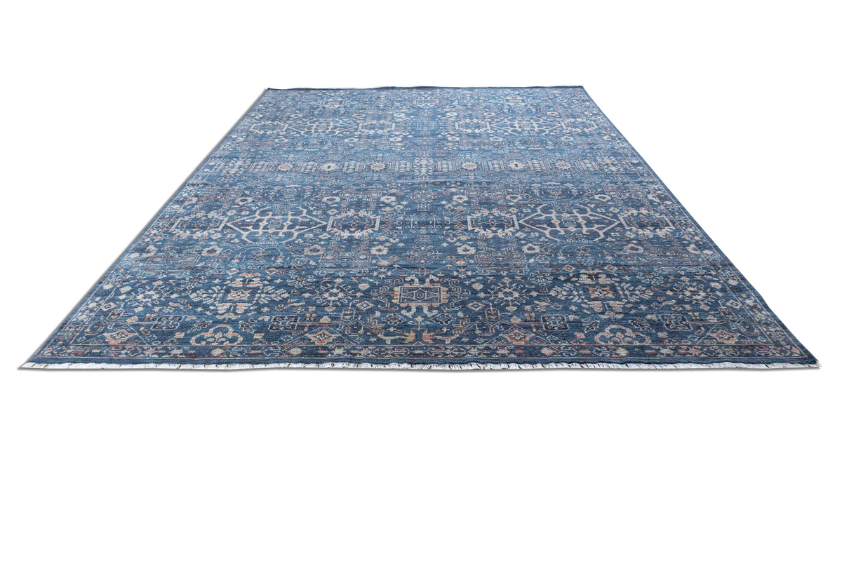 Midnight Mosaic – Navy Blue & Antique Ivory Hand-Knotted Wool Rug