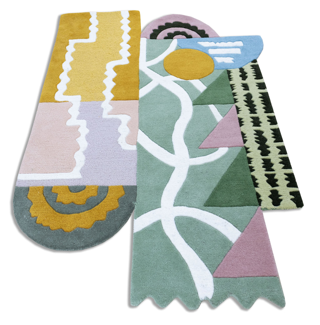Mosaic Bloom Irregular Abstract Rug | Sage Green, Mustard & Blush Pink Artistic Area Rug