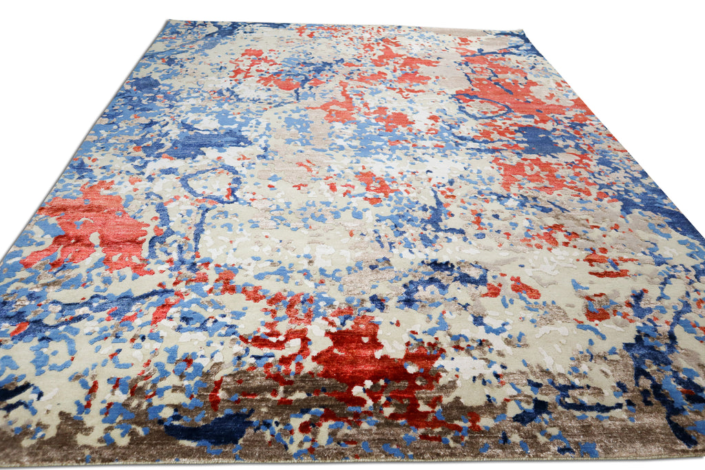 Locus Abstract Indo Nepali Hand Knotted Bamboo Silk Wool Rug Navy Rust