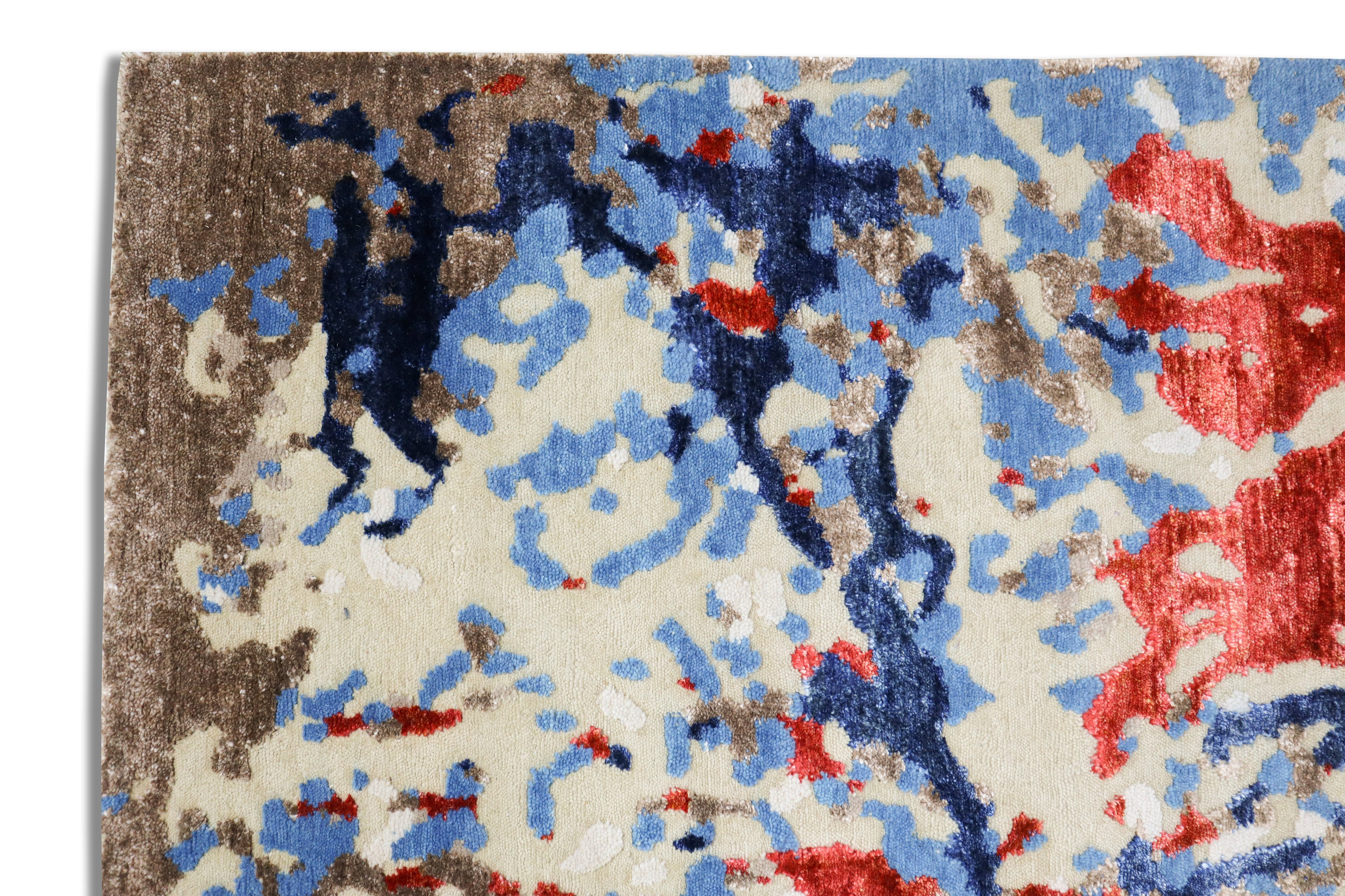Locus Abstract Indo Nepali Hand Knotted Bamboo Silk Wool Rug Navy Rust
