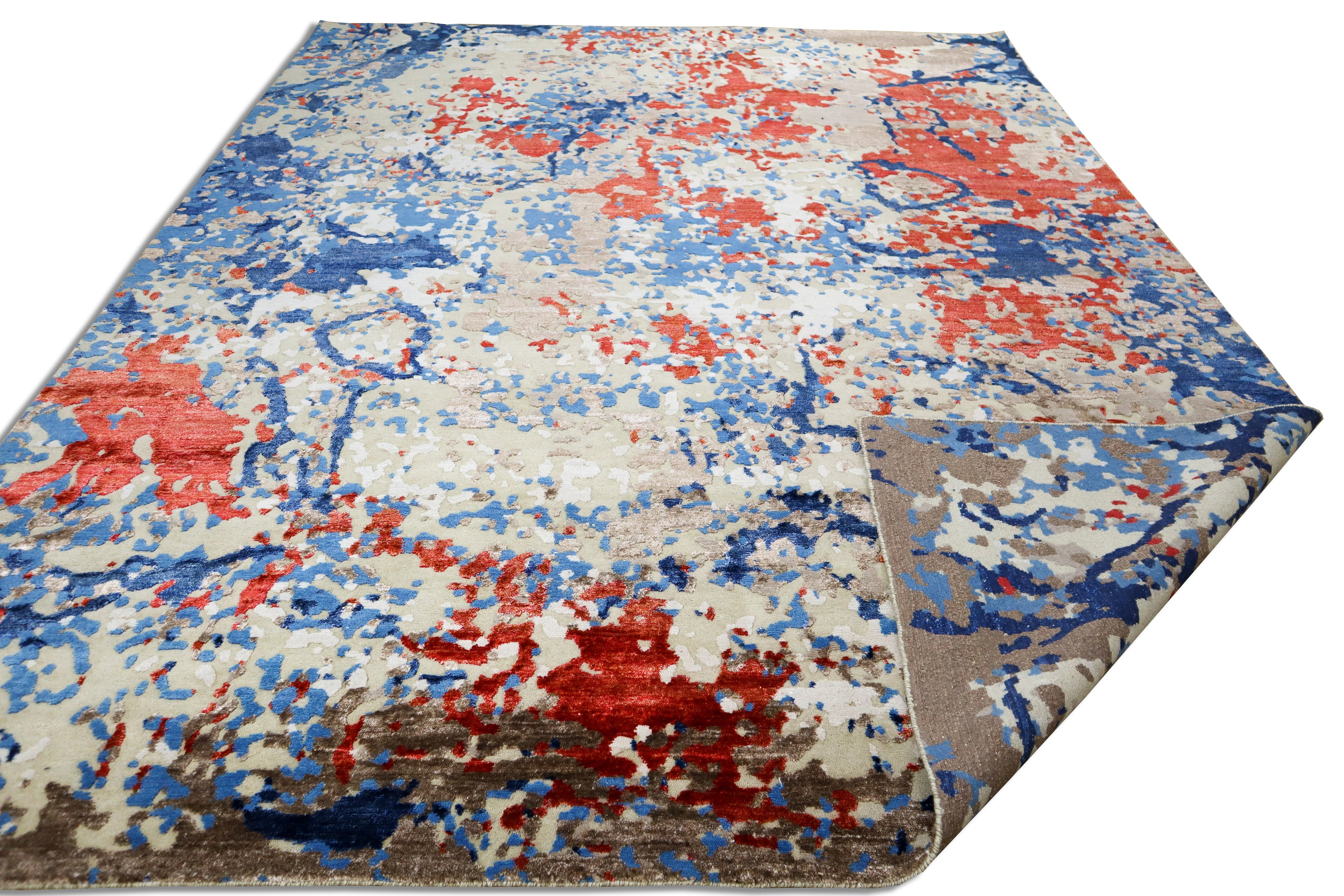 Locus Abstract Indo Nepali Hand Knotted Bamboo Silk Wool Rug Navy Rust