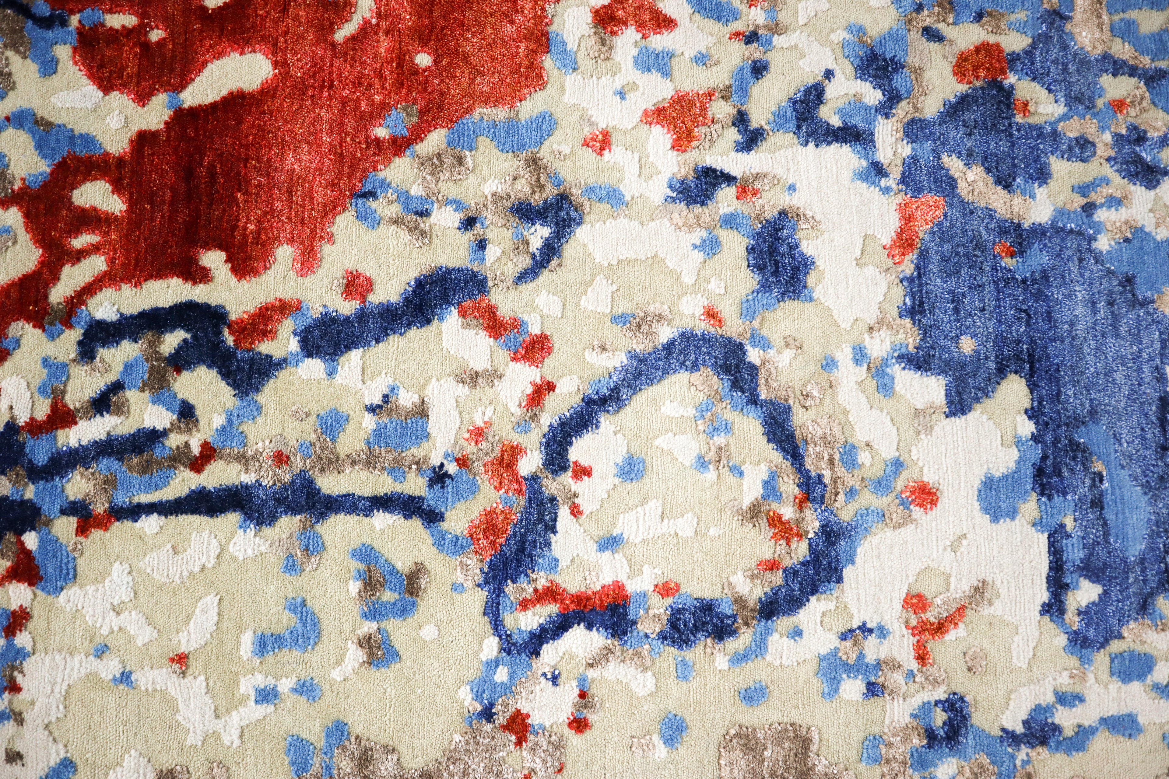 Locus Abstract Indo Nepali Hand Knotted Bamboo Silk Wool Rug Navy Rust