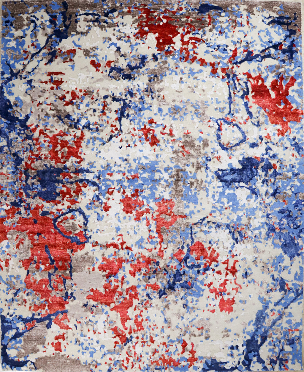 Locus Abstract Indo Nepali Hand Knotted Bamboo Silk Wool Rug Navy Rust