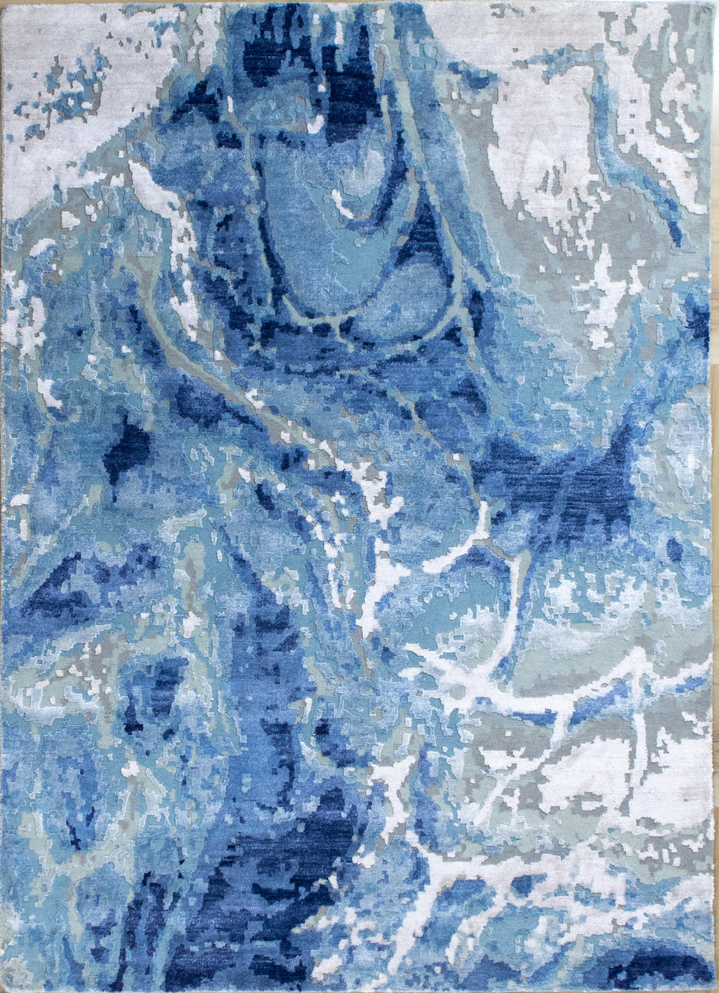 Deepwater Abstract Indo Nepali Hand Knotted Bamboo Silk Wool Rug Sky Blue Ivory