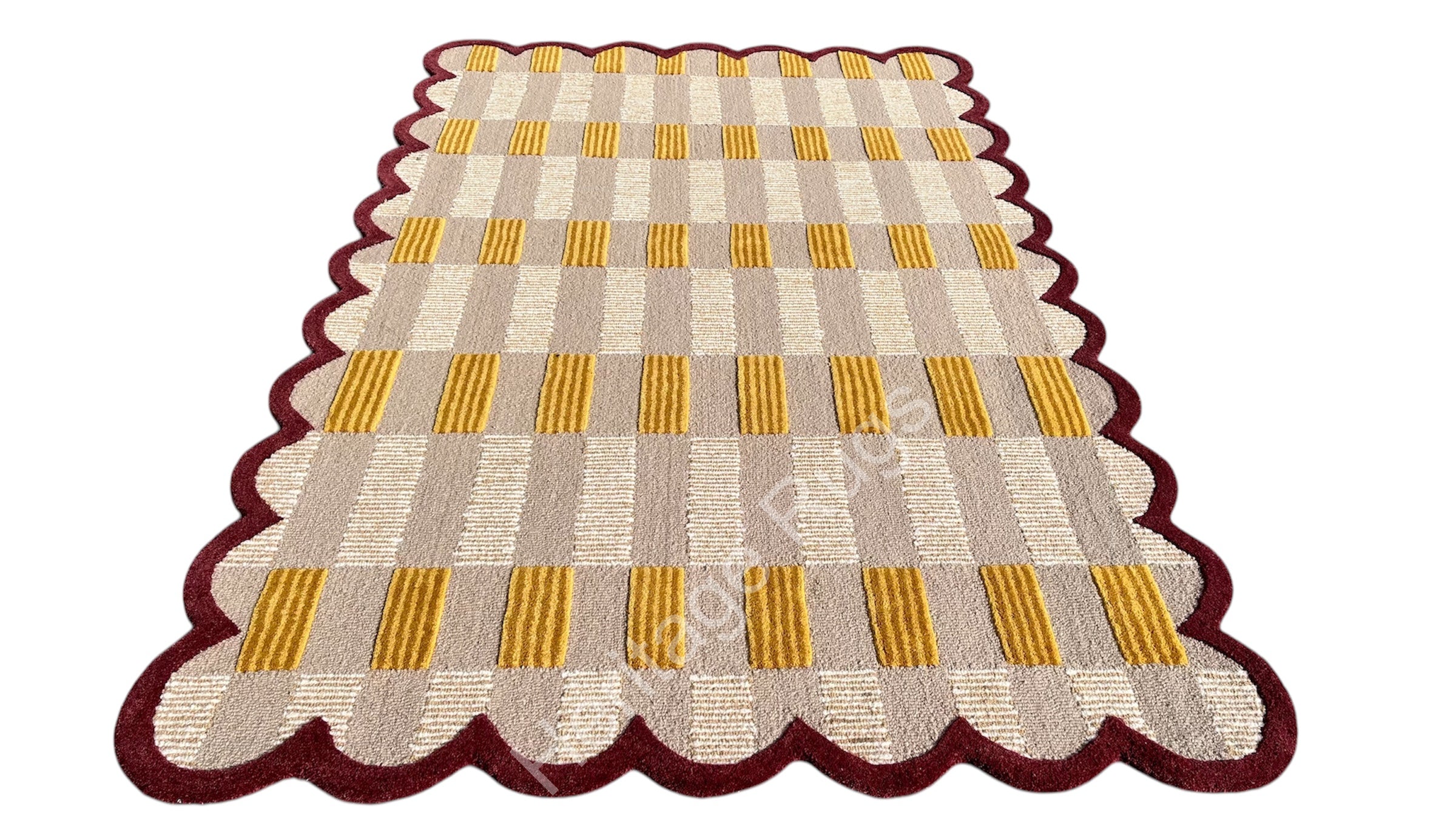 Matilda Plaid Scalloped Hand Tufted Wool Rug Sand Beige