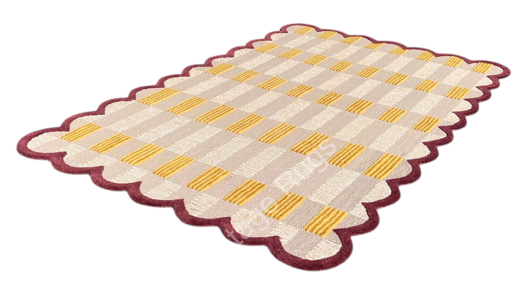 Matilda Plaid Scalloped Hand Tufted Wool Rug Sand Beige