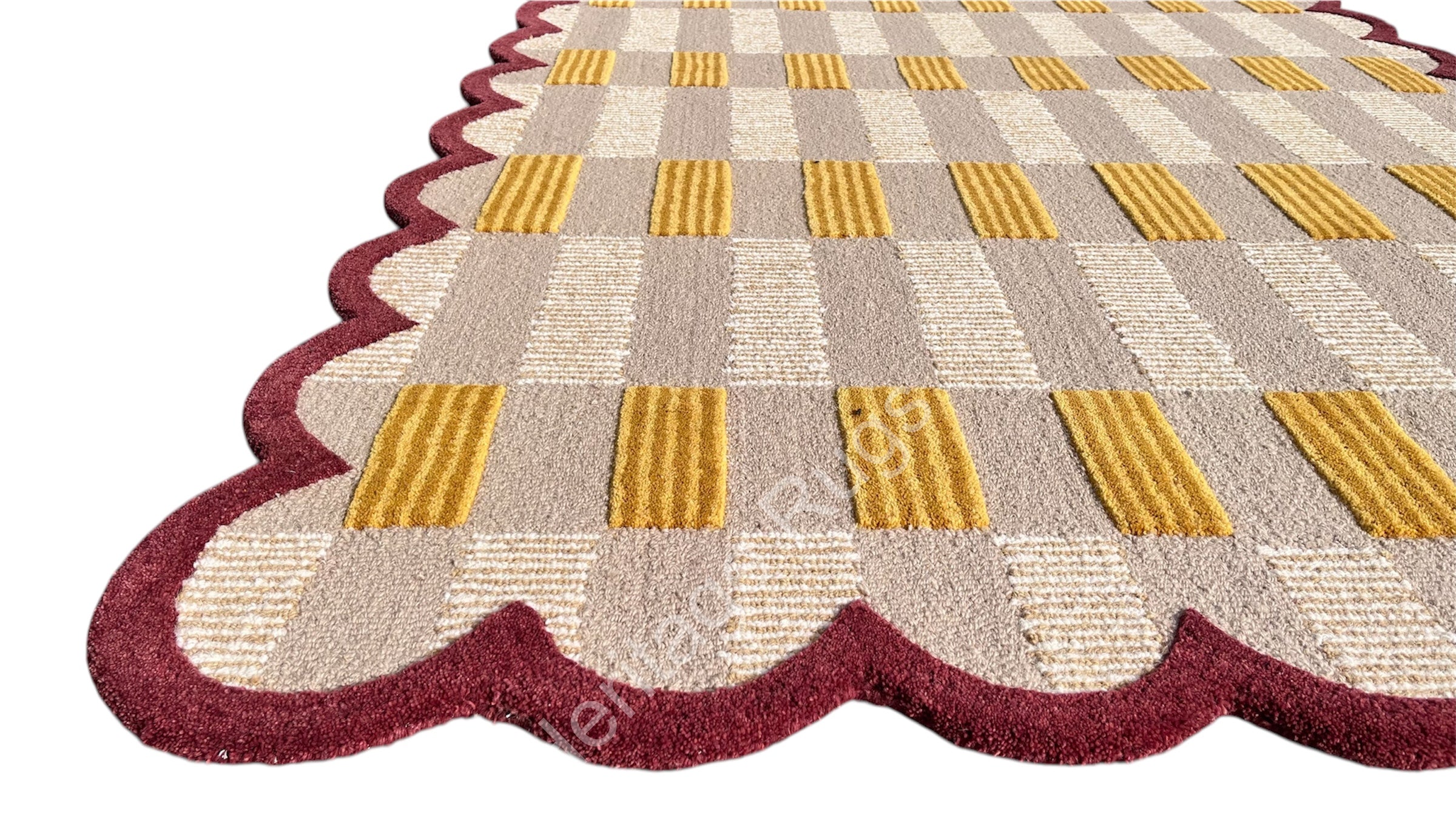 Matilda Plaid Scalloped Hand Tufted Wool Rug Sand Beige