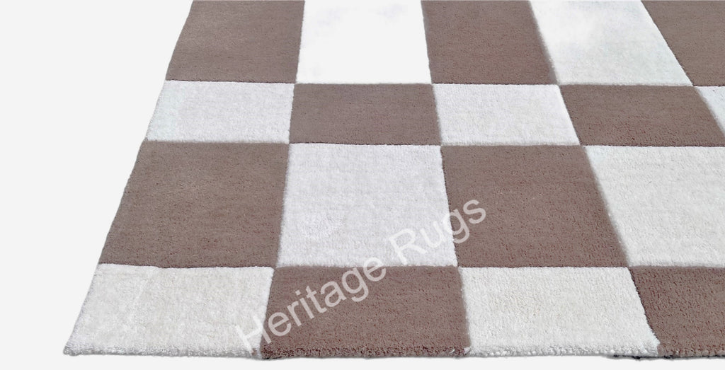Nordic Abstract Checkered Hand Tufted Wool Rug Brown