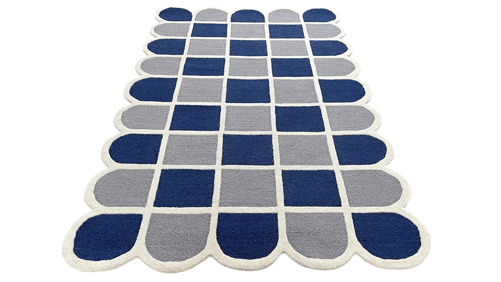 Selena Checkered Scalloped Hand Tufted Wool Rug Blue