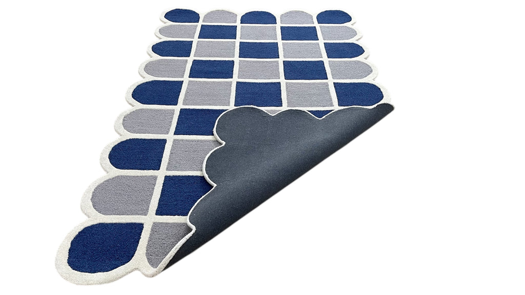 Selena Checkered Scalloped Hand Tufted Wool Rug Blue