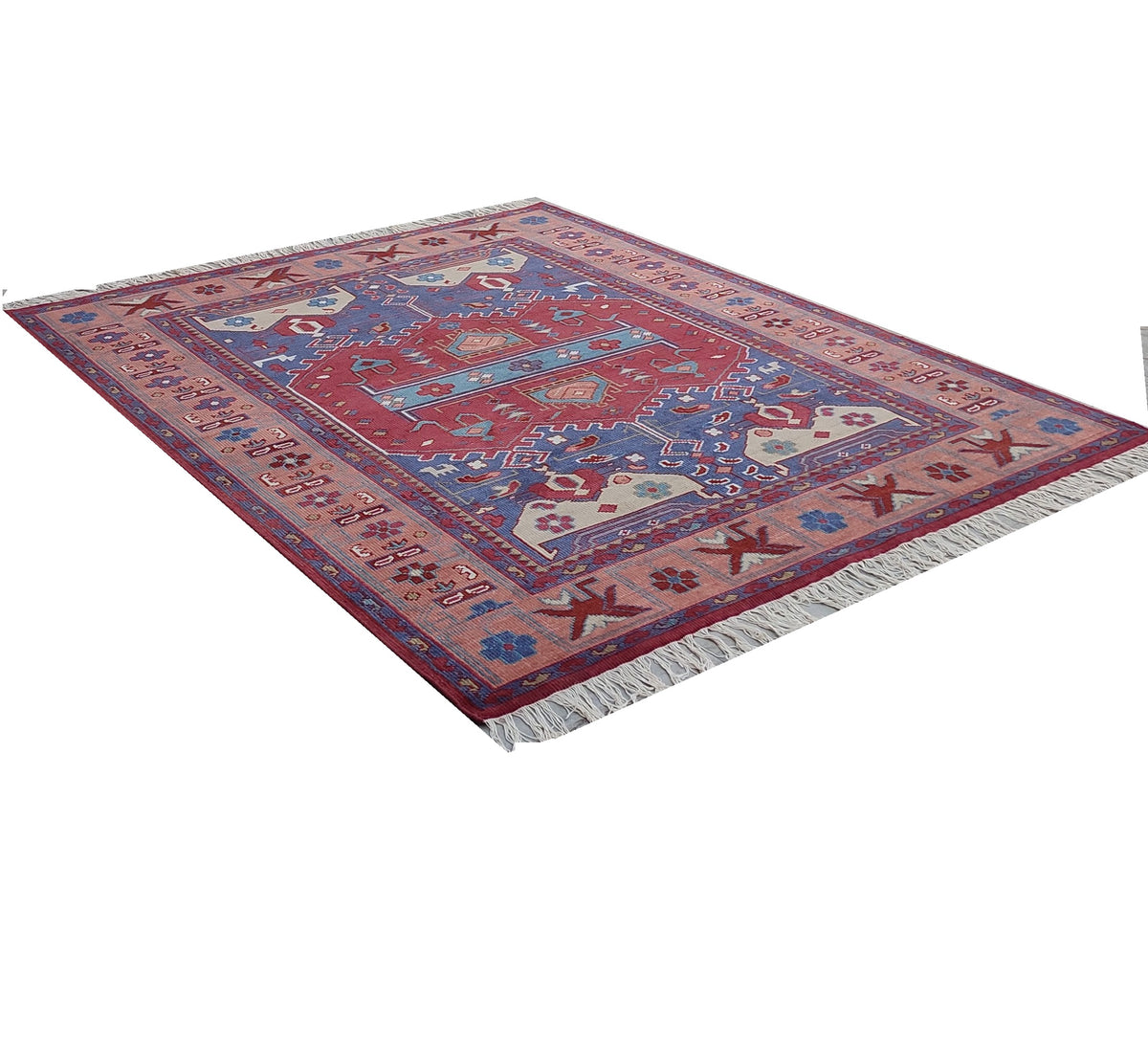 Tribal Kazak Geometric Hand-Knotted Wool Rug – Royal Blue Terracotta Medallion Rug