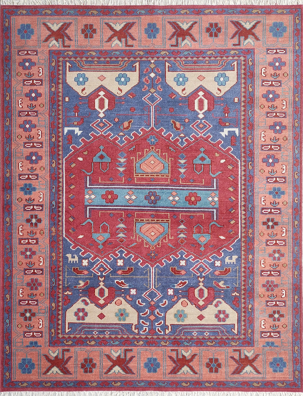 Tribal Kazak Geometric Hand-Knotted Wool Rug – Royal Blue Terracotta Medallion Rug