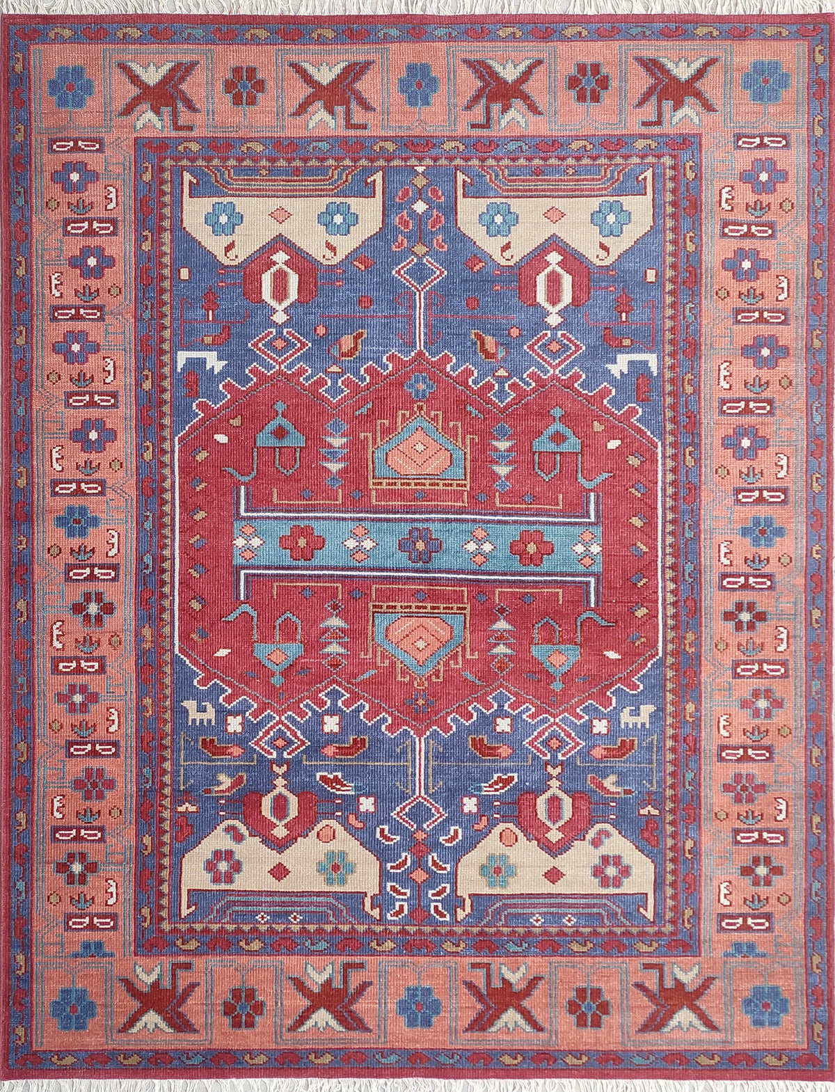 Tribal Kazak Geometric Hand-Knotted Wool Rug – Royal Blue Terracotta Medallion Rug
