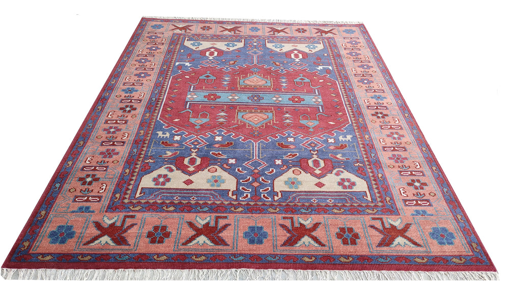 Tribal Kazak Geometric Hand-Knotted Wool Rug – Royal Blue Terracotta Medallion Rug