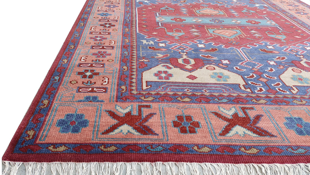 Tribal Kazak Geometric Hand-Knotted Wool Rug – Royal Blue Terracotta Medallion Rug