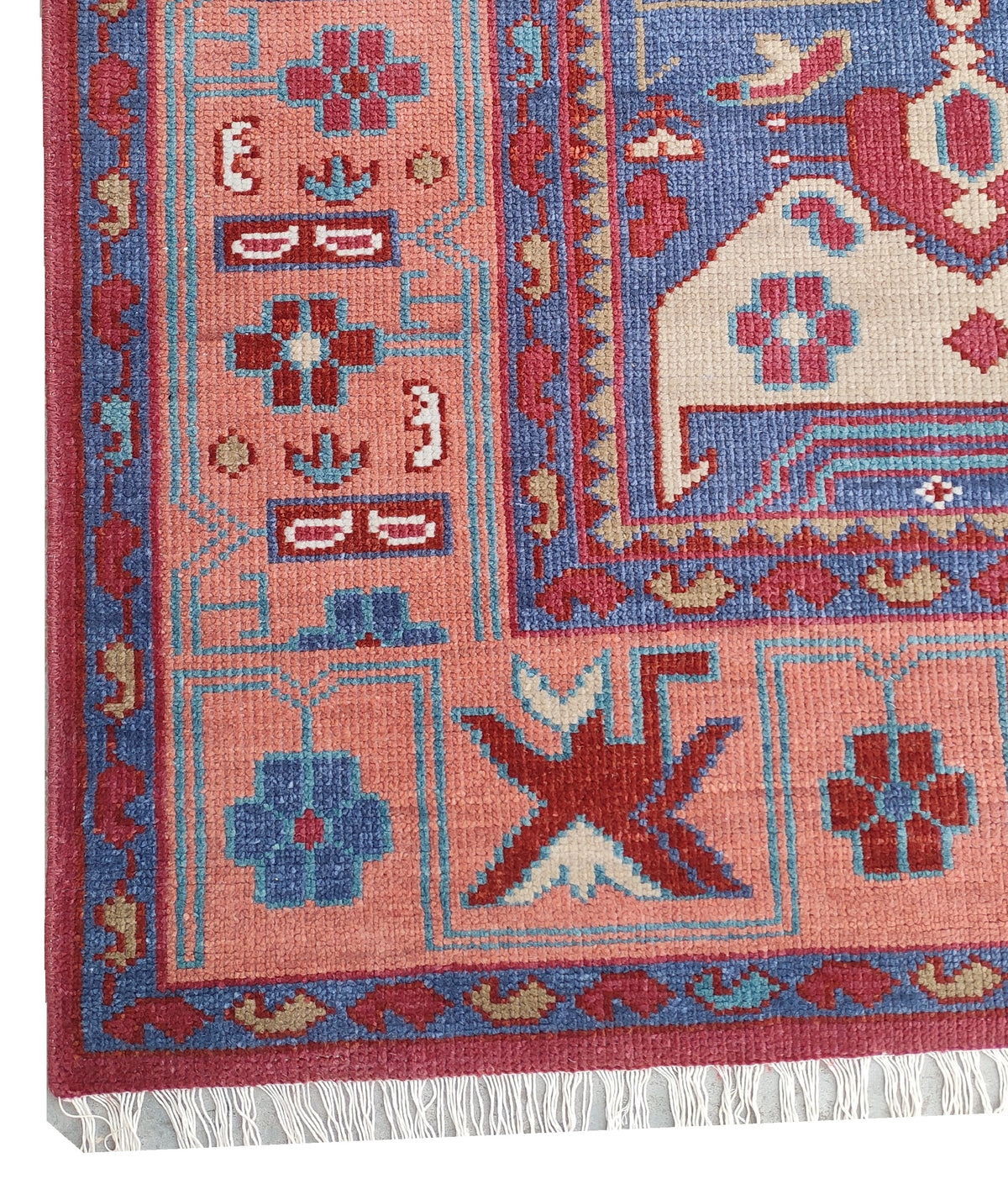 Tribal Kazak Geometric Hand-Knotted Wool Rug – Royal Blue Terracotta Medallion Rug