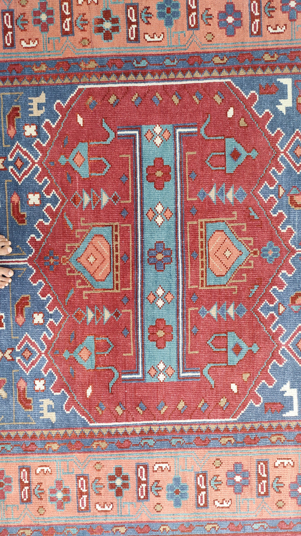 Tribal Kazak Geometric Hand-Knotted Wool Rug – Royal Blue Terracotta Medallion Rug