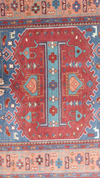 Tribal Kazak Geometric Hand-Knotted Wool Rug – Royal Blue Terracotta Medallion Rug